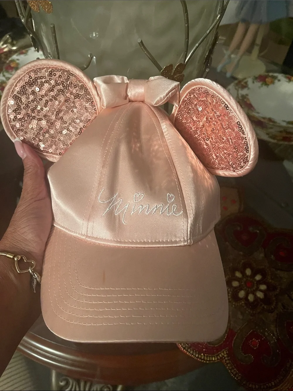 Disney Light Pink Satin Minnie Baseball Cap with Sequin Ears